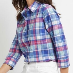 Foxcroft Blue and Pink Plaid Button Down Wrinkle Free Shaped Shirt